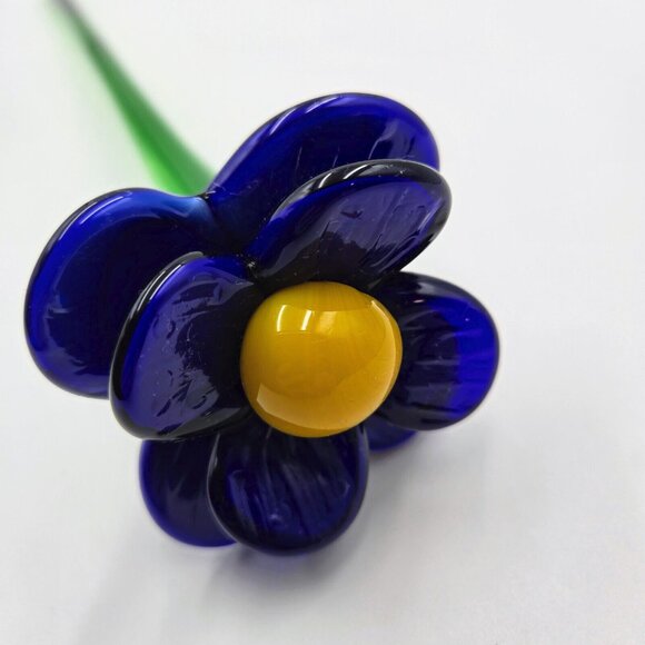 Art Glass Flower Hand Blown Dark Blue Yellow Long Green Stem Flower With Leaf - Picture 8 of 16